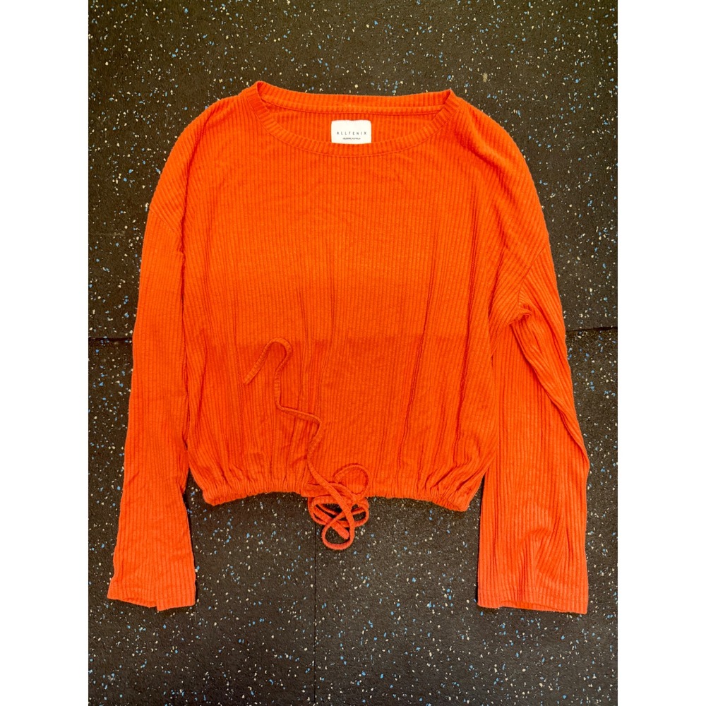 Allfenix Melbourne Orange Ribbed Long Sleeve Cropped Drawstring Top Womens Small
